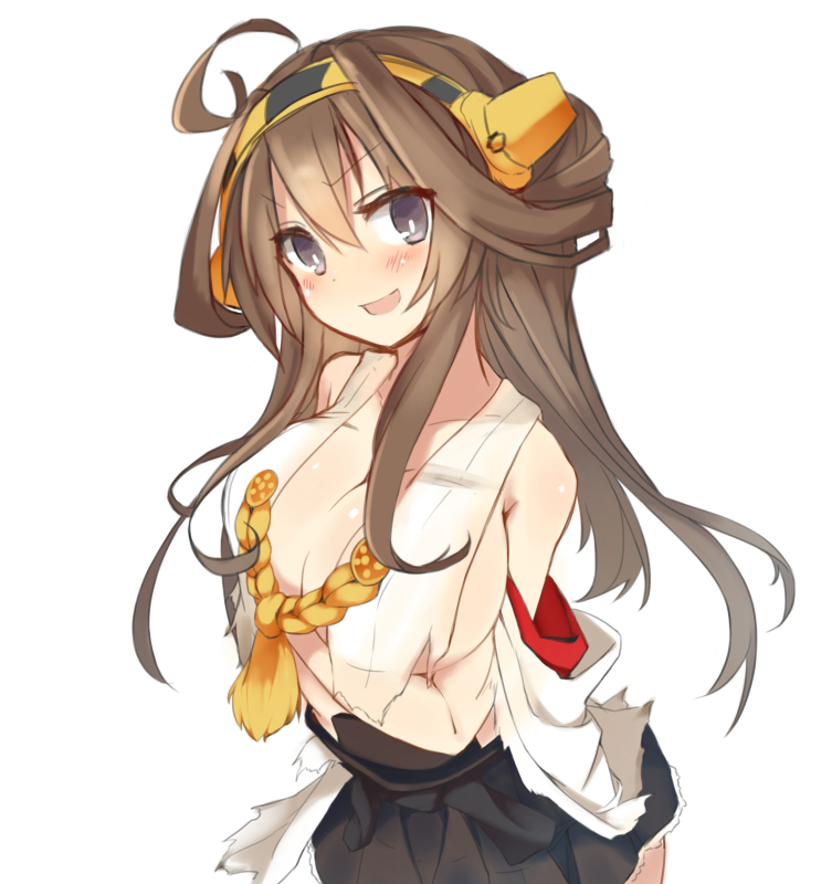 :d ahoge bad_id bad_pixiv_id bare_shoulders blush boots breasts brown_eyes detached_sleeves fumatake hairband headgear japanese_clothes kantai_collection kongou_(kantai_collection) large_breasts no_bra open_mouth simple_background skirt smile solo thigh_boots thighhighs torn_clothes v-shaped_eyebrows white_background