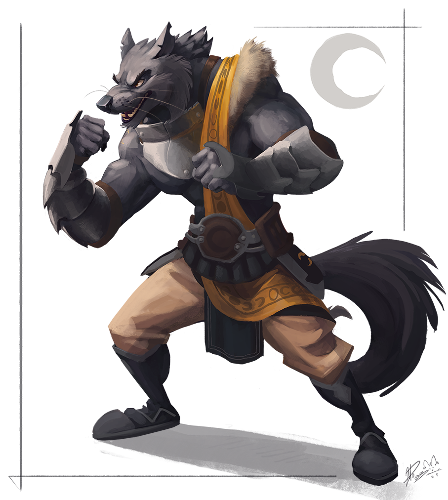anthro armor belt biceps black_nose bloodshot23 boots brown_eyes canine clothing fangs fighting_stance flexing footwear fur grey_fur grin male mammal moon muscles pants pecs pose smile solo standing tattoo teeth toned topless vein warrior warrior_pose whiskers wolf