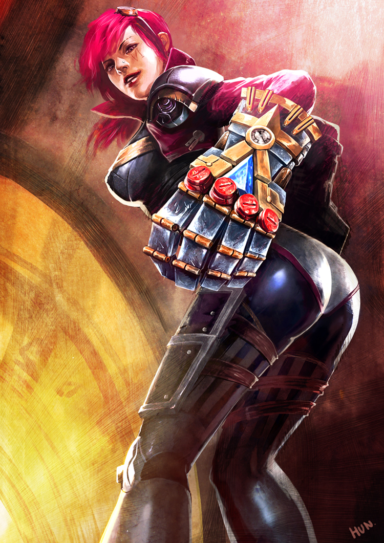 artist_request ass bodysuit breasts facial_tattoo gauntlets goggles large_breasts league_of_legends leaning_forward long_hair looking_down pink_eyes pink_hair smile solo tattoo vi_(league_of_legends)