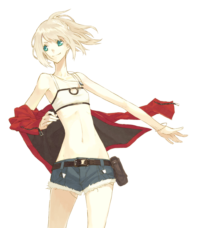 blonde_hair denim denim_shorts fate/apocrypha fate_(series) green_eyes jacket long_hair midriff mordred_(fate) mordred_(fate)_(all) navel ponytail red_jacket short_shorts shorts solo takanuma_tama