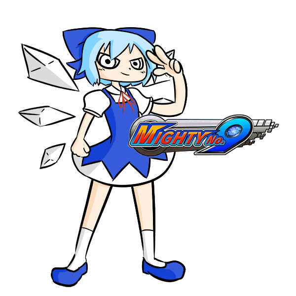 1girl blue_hair blue_skirt bow cirno hair_bow ice ice_wings mighty_no._9 parody peter_barton salute short_hair skirt solo touhou wings