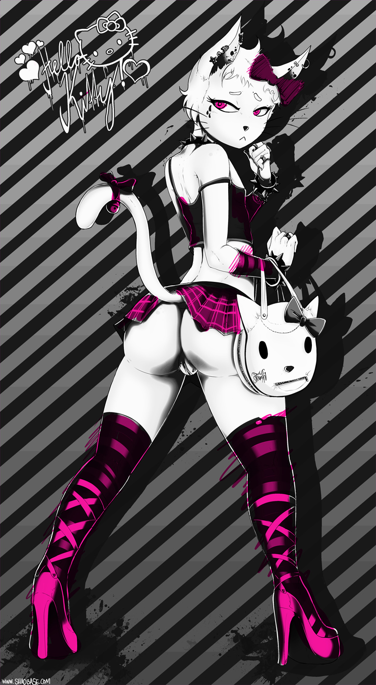 anthro bell black_background bow butt cat clothing collar ear_piercing english_text eyelashes feline female footwear frown fur goth grey_background heels hello_kitty hi-heals high_heels jewelry looking_away looking_back mammal piercing pink_eyes plain_background presenting presenting_hindquarters presenting_pussy purse pussy raised_arm ring shadow shiny shirt shoes skirt socks solo spikes standing stripes text therealshadman whiskers white_eyes white_fur wide_hips