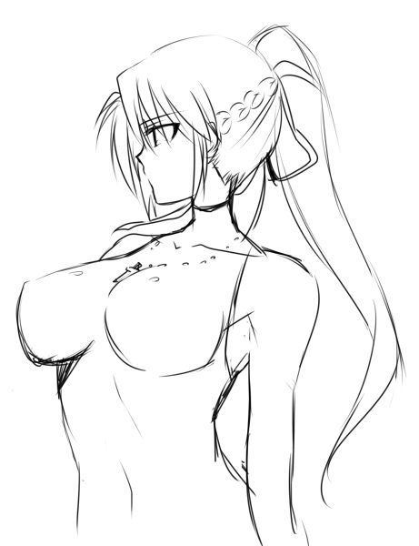 bad_id bad_pixiv_id breasts greyscale hair_ribbon jewelry large_breasts levantine long_hair lyrical_nanoha mahou_shoujo_lyrical_nanoha mahou_shoujo_lyrical_nanoha_a's mikaze monochrome necklace ponytail ribbon signum sketch skin_tight solo
