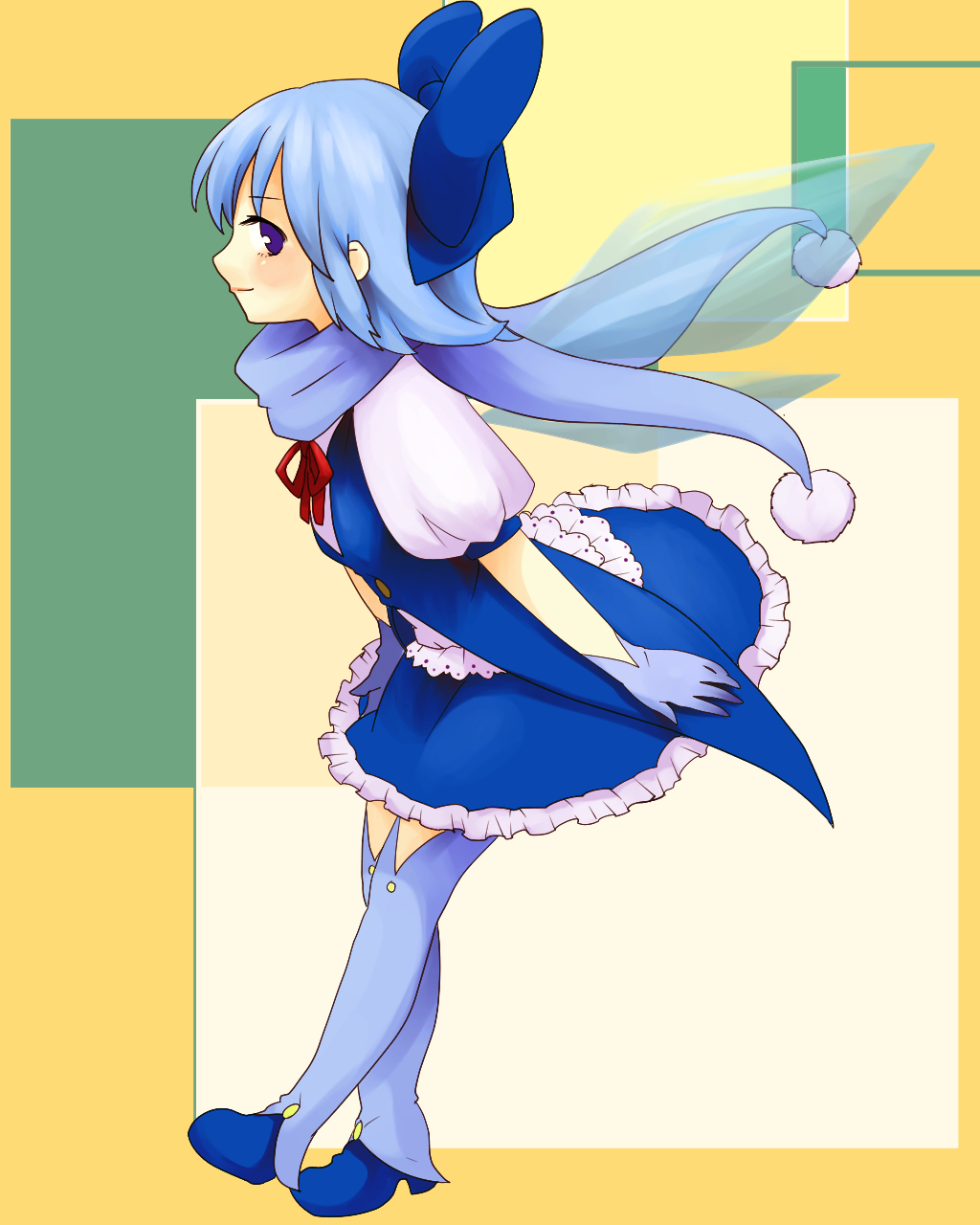 adapted_costume blue_eyes blue_gloves blue_hair blue_legwear blush boots bow cirno dress_shirt flat_chest gloves hair_bow highres ice ice_wings leg_warmers puffy_short_sleeves puffy_sleeves ribbon scarf shirt shoes short_hair short_sleeves shou-chan skirt smile solo tailcoat thighhighs touhou vest wings
