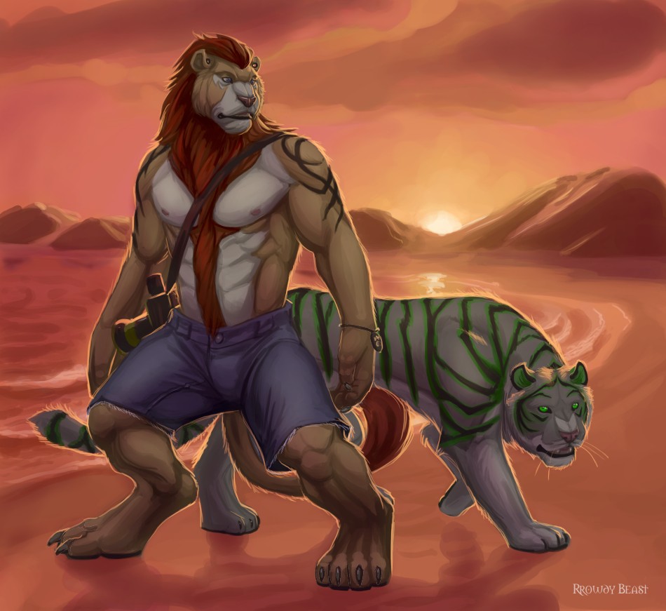 all_fours anthro biceps body_markings chest_tuft claws clothed clothing feline feral fur hair half-dressed lion male mammal mane markings muscles nipples pawpads paws pecs pose rrowdybeast shorts solo standing stripes tattoo tiger toe_claws toned topless tuft