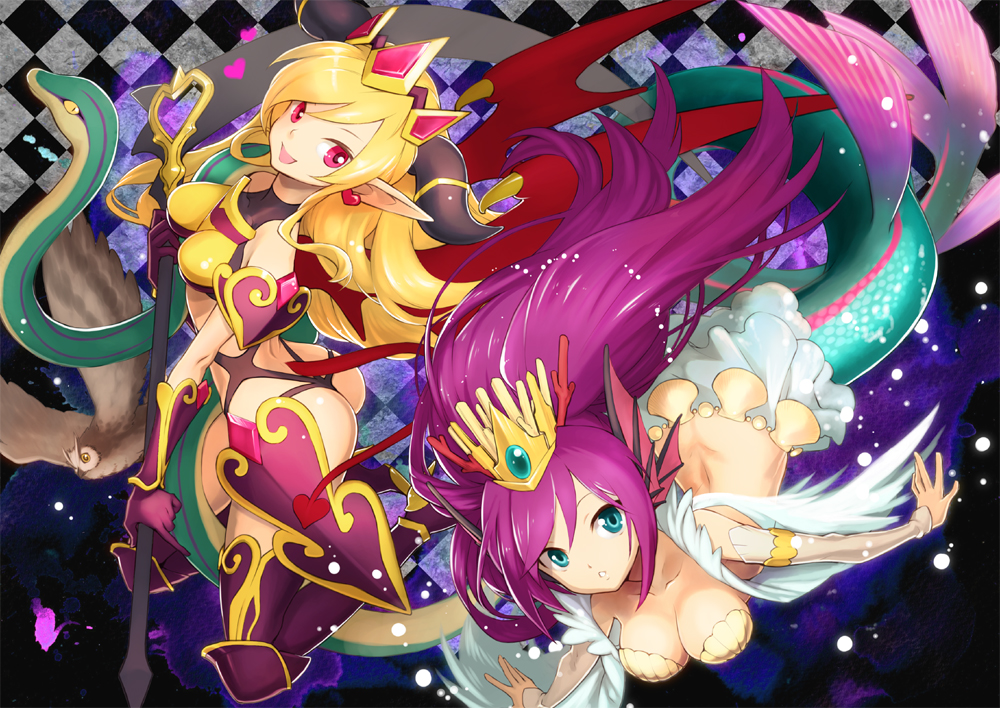 :d aqua_eyes bird blonde_hair blue_eyes breasts crown demon_girl demon_tail demon_wings earrings gloves head_fins headdress heart heart_earrings horns jewelry kishiro_(michiko) lilith_(p&amp;d) long_hair medium_breasts mermaid monster_girl multiple_girls open_mouth owl pointy_ears purple_hair puzzle_&amp;_dragons red_eyes scythe shell shell_bikini siren_(p&amp;d) smile snake tail wings