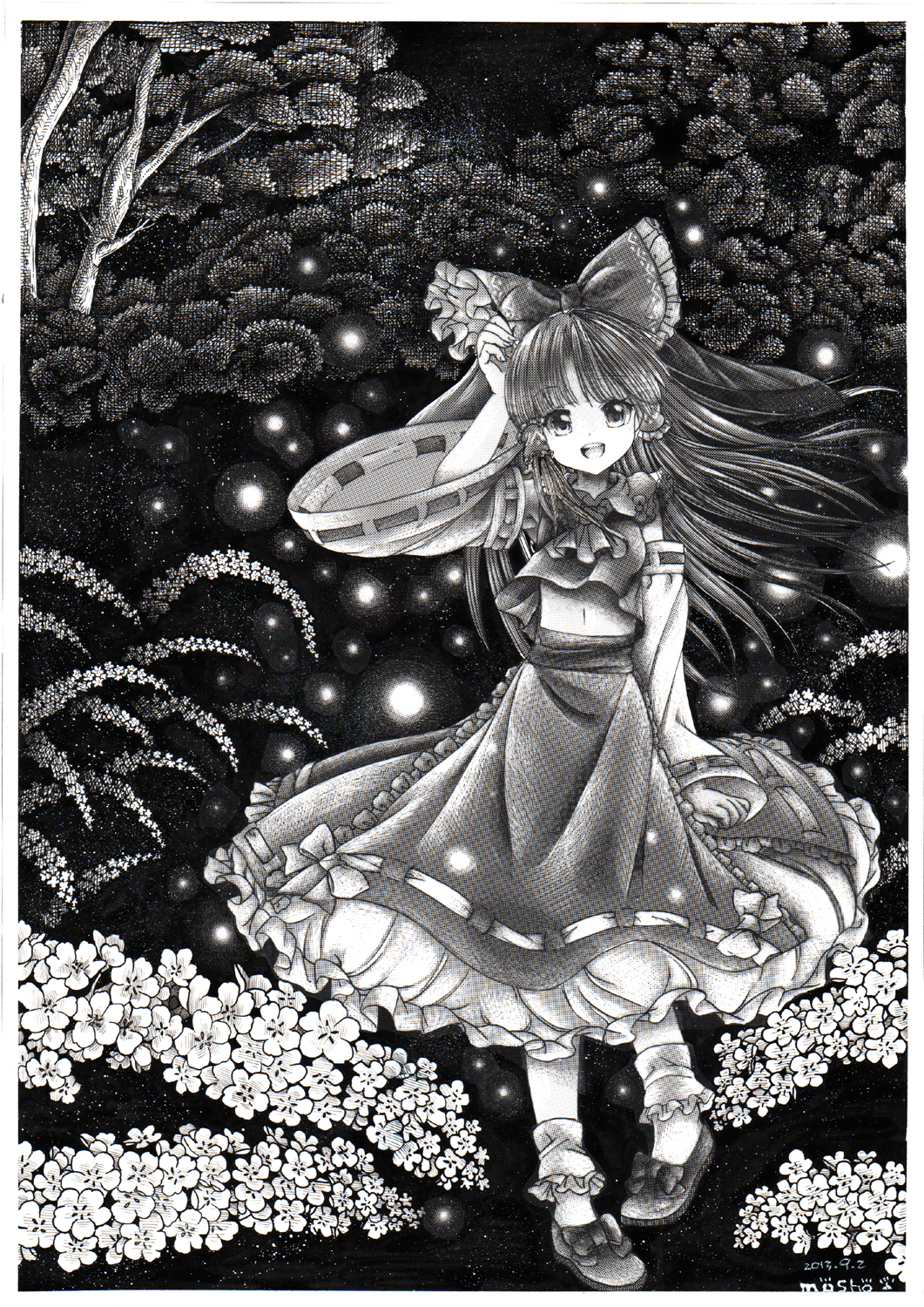 ankle_socks artist_name ascot bow cherry_blossoms dated detached_sleeves fireflies greyscale hair_bow hakurei_reimu hand_on_own_head highres long_hair looking_at_viewer midriff monochrome mosho navel nib_pen_(medium) open_mouth petticoat skirt skirt_set solo touhou traditional_media tree