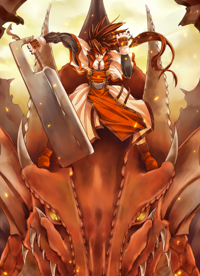 bad_id bad_pixiv_id brown_hair concrete dragon fire forehead_protector gloves guilty_gear headband long_hair order-sol ponytail ryuga_(balius) sol_badguy spiked_hair uniform weapon younger