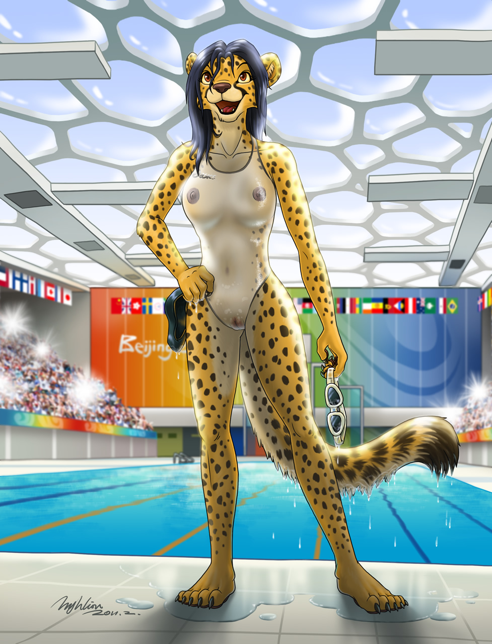 big_breasts black_hair breasts brown_hair cheetah claws eyewear fahada feline female goggles hair hyhlion mammal nipples olympics open_mouth pool pussy solo spots swimsuit toe_claws translucent transparent_clothing water wet
