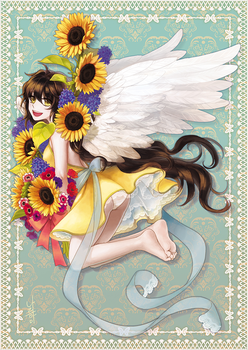 bad_id bad_pixiv_id barefoot bouquet brown_hair dress flower happy long_hair original panties ribbon smile solo sunflower underwear very_long_hair wings yellow_eyes