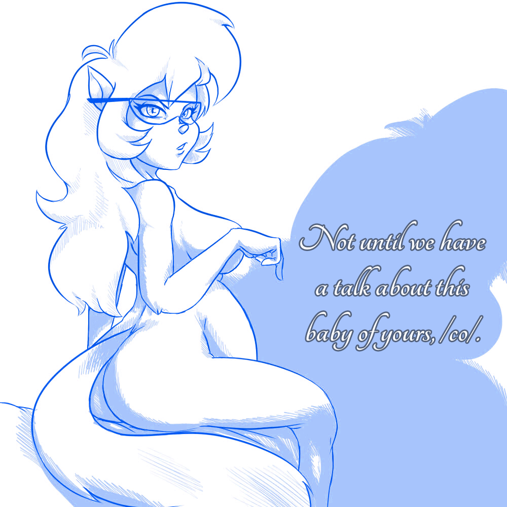 anthro big_breasts blue_theme bra breasts butt callie_briggs cat english_text eyewear feline female glasses hair inviting long_hair looking_at_viewer mammal monochrome nude pregnant side_boob solo swat_kats text underwear