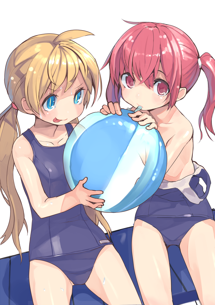 ball beachball blonde_hair blowing blue_eyes multiple_girls one-piece_swimsuit original red_eyes red_hair school_swimsuit shindou_kamichi swimsuit swimsuit_pull twintails