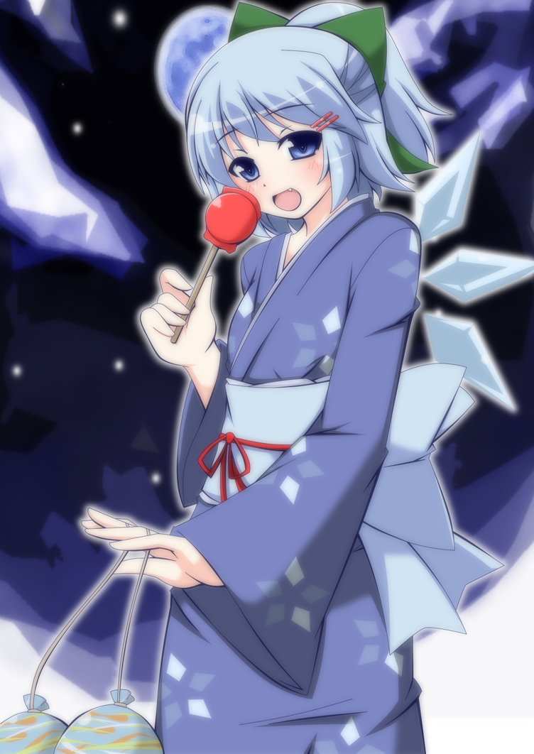 alternate_costume alternate_hairstyle bag blue_eyes blue_hair bow candy_apple cirno fang food hair_bow hair_ornament hairclip ice ice_wings japanese_clothes kimono long_sleeves looking_at_viewer masiromu obi open_mouth ponytail sash smile solo touhou wide_sleeves wings