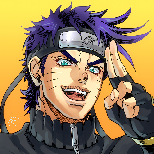 black_hair blue_eyes blue_hair cosplay forehead_protector hariyama_(toubou_tengoku) jojo_no_kimyou_na_bouken joseph_joestar_(young) konohagakure_symbol lips male_focus naruto naruto_(series) naruto_shippuuden salute solo uzumaki_naruto uzumaki_naruto_(cosplay) whisker_markings