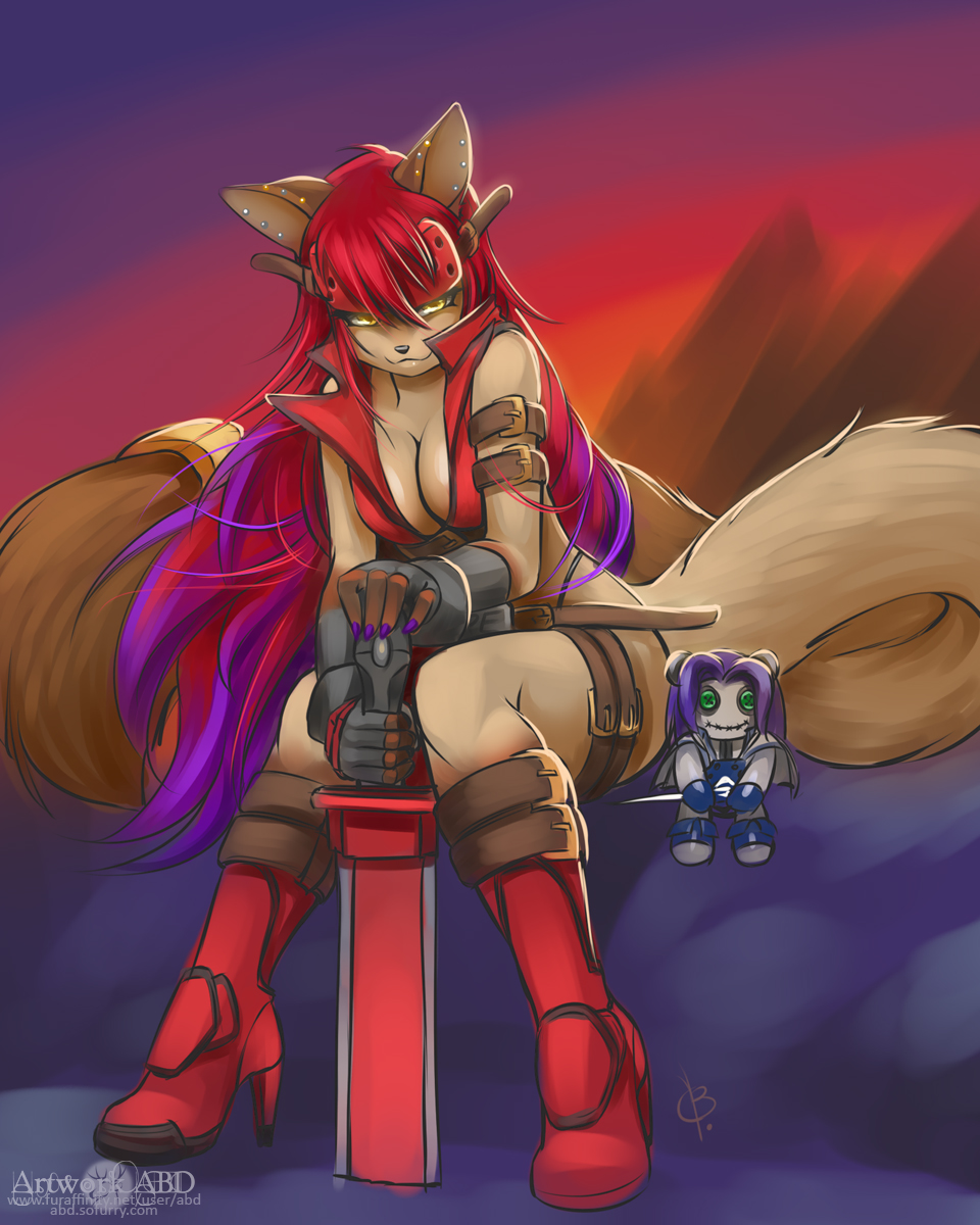 cat cleavage clothed clothing cosplay feline female guilty_gear hair ky_kiske looking_at_viewer mammal plushie red_hair skimpy sol_badguy solo sword weapon