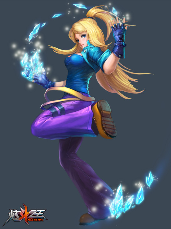 artist_request belt blonde_hair blue_eyes boots breasts claire_fox cropped_jacket denim fingerless_gloves gloves high_ponytail ice_crystal jeans lips long_hair medium_breasts multiple_belts nail_polish official_art pants shirt solo taut_clothes taut_shirt tencent_qq xuan_dou_zhi_wang