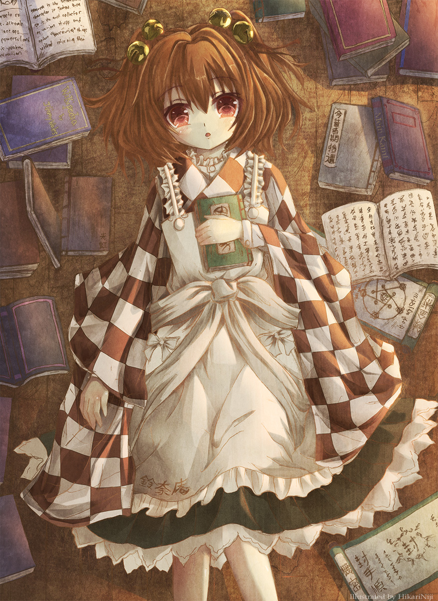 apron bell book checkered clothes_writing english from_above hair_bell hair_ornament highres hikari_niji japanese_clothes lying motoori_kosuzu on_back open_book orange_hair red_eyes scroll touhou