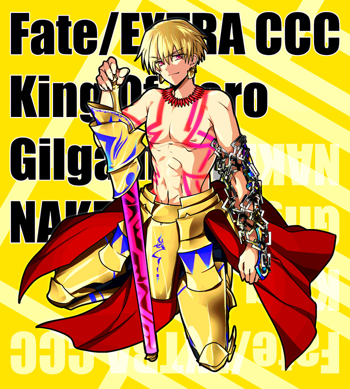 armor bad_id bad_pixiv_id blonde_hair chain ea_(fate/stay_night) enkidu_(weapon) fate/extra fate/extra_ccc fate_(series) gilgamesh jewelry male_focus necklace planted_weapon red_eyes shirtless solo tattoo ty_1865 weapon