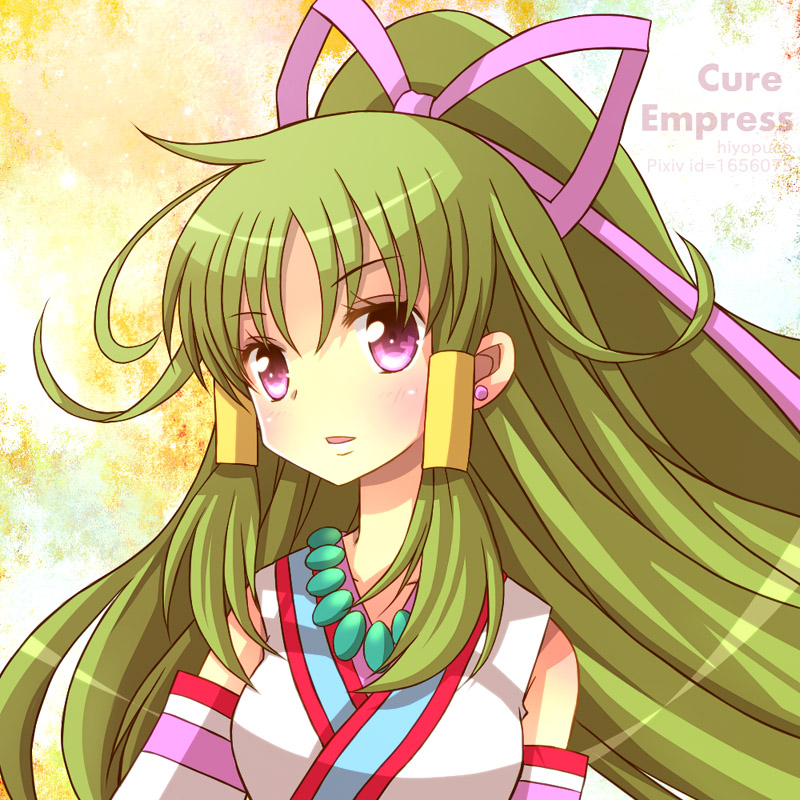 artist_name blush bow character_name cure_empress detached_sleeves dokidoki!_precure green_hair hair_tubes hiyopuko long_hair pink_bow pink_eyes precure solo upper_body