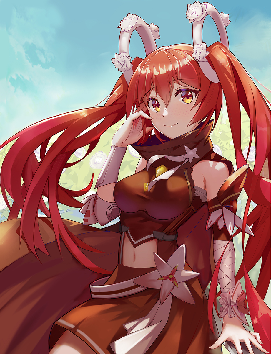 1girl bandage bandaged_arm bandages blue_sky character_request commentary_request copyright_request day hair_ornament hair_tucking highres light_blush long_hair looking_at_viewer navel navel_cutout orange_eyes red_hair sky smile solo twintails vambraces zhongwu_chahui