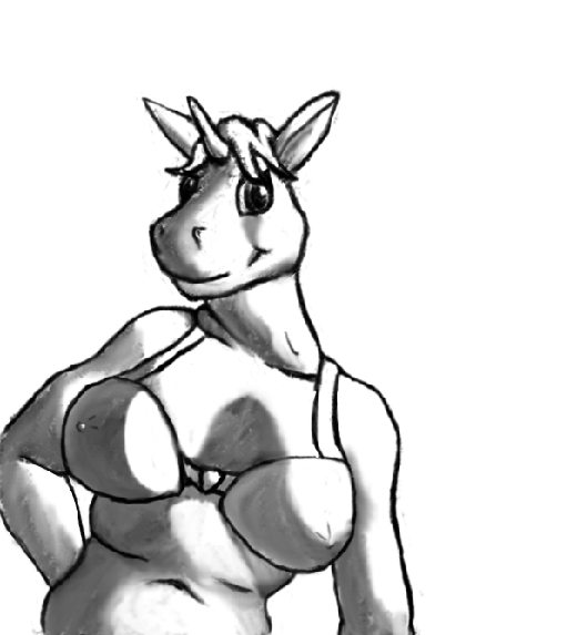 black_and_white bottomless bra breasts celestia_(felixspeagel) chubby cleavage clothed clothing equine felixspeagel female greyscale hair head_tuft hooved_fingers horn looking_at_viewer mammal monochrome navel plain_background short_hair smile solo standing toony turning underwear unfinished unicorn white_background