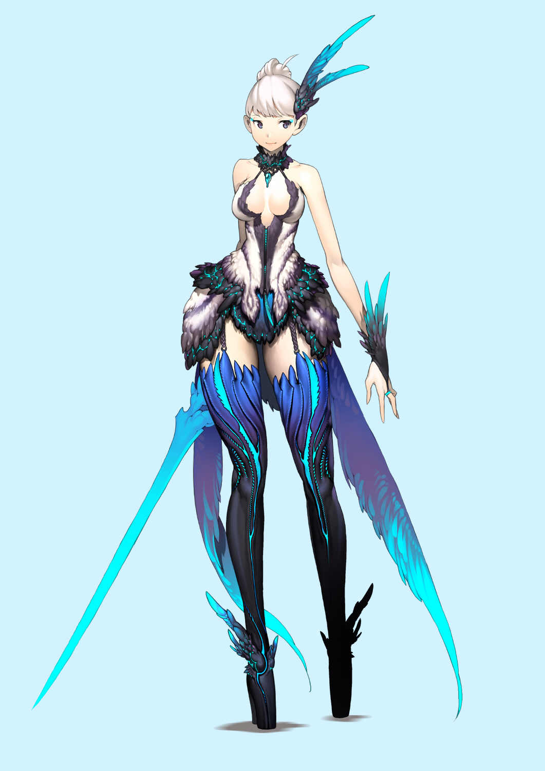 artist_request blade_&amp;_soul boots feathers highres purple_eyes smile solo sword thigh_boots thighhighs weapon white_hair