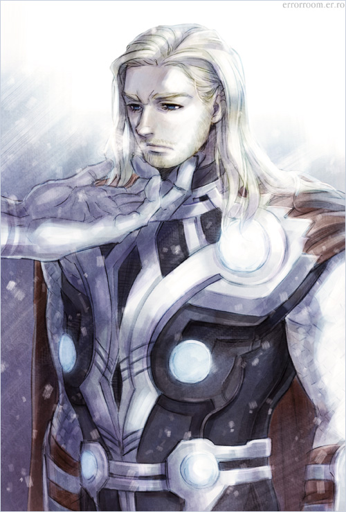 armor blonde_hair blue_eyes blue_skin cape giant long_hair male male_focus marvel serious snow thor_(marvel)