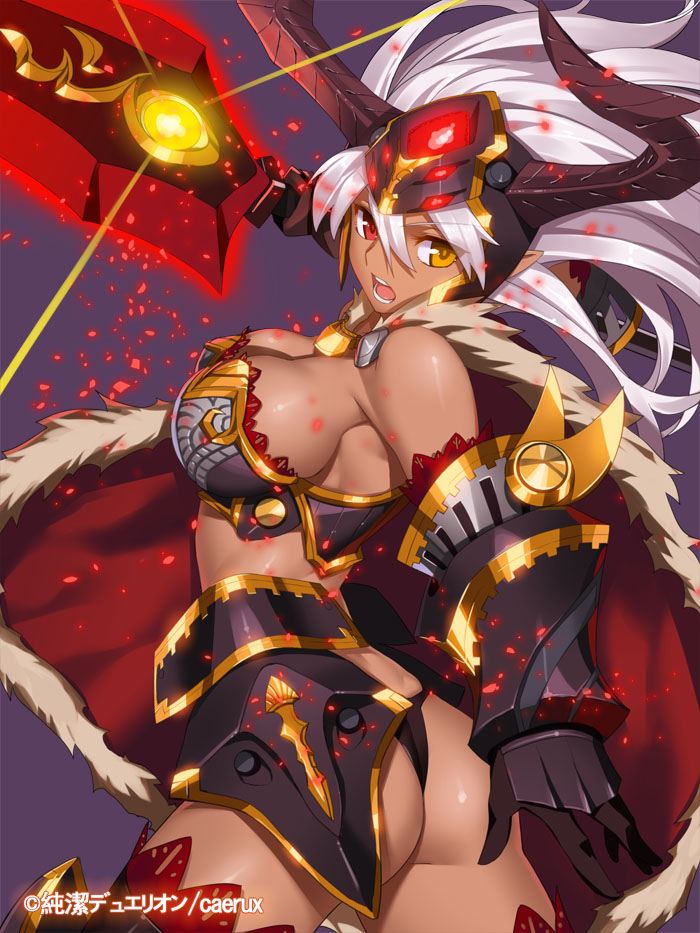 ass cape copyright_name dark_skin demon_horns gauntlets helmet heterochromia horns junketsu_duelion open_mouth polearm red_eyes solo spear translated weapon white_hair yangsion yellow_eyes