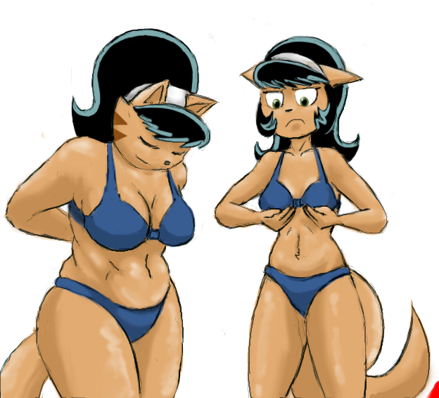 big_breasts bikini breast_envy breasts cat chubby cleavage clothed clothing daughter duo feline female headband kitty_katswell mammal milf mother mrs._katswell navel parent swimsuit t.u.f.f._puppy unknown_artist