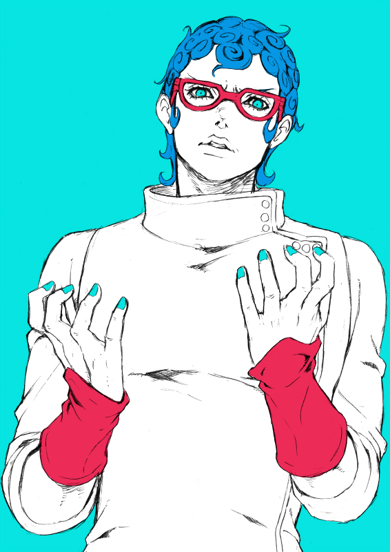 blue_eyes blue_hair chounorin ghiaccio glasses jojo_no_kimyou_na_bouken male_focus red-framed_eyewear sketch solo