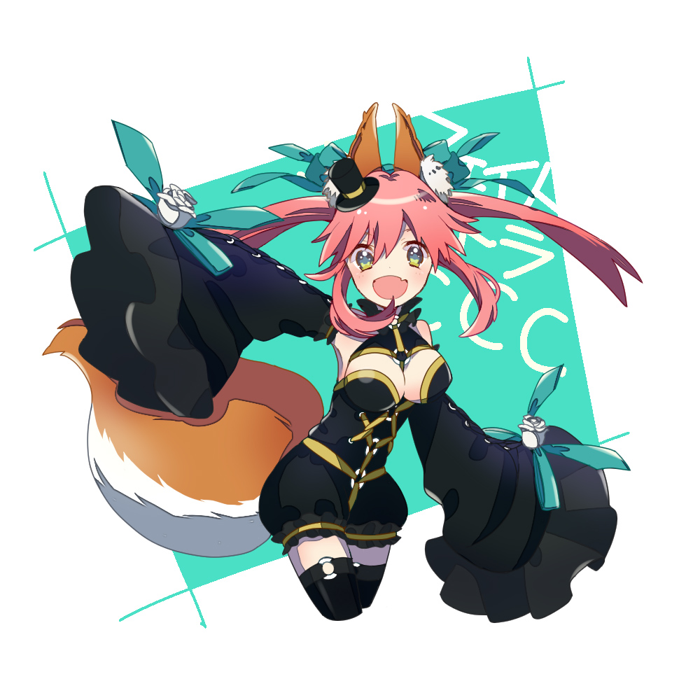 :d animal_ears bare_shoulders bow detached_sleeves fang fate/extra fate/extra_ccc fate_(series) flower fox_ears fox_tail hair_bow hair_ribbon hat mini_hat mini_top_hat open_mouth pandasiro pink_hair ribbon rose sleeves_past_wrists smile solo tail tamamo_(fate)_(all) tamamo_no_mae_(fate) thighhighs top_hat twintails white_flower white_rose yellow_eyes