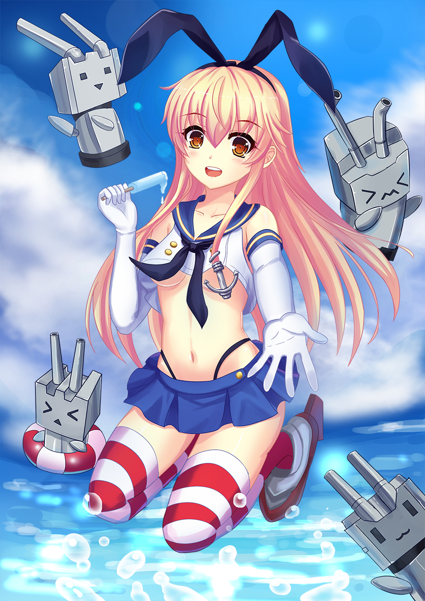 :3 :d anchor black_panties blonde_hair bow breasts crop_top crop_top_overhang elbow_gloves food gloves hair_bow highleg highleg_panties highres kantai_collection kneeling lifebuoy long_hair midriff navel no_bra ocean open_mouth orange_eyes outstretched_arm panties popsicle red_legwear rensouhou-chan school_uniform serafuku shimakaze_(kantai_collection) shiny shiny_skin small_breasts smile solo striped striped_legwear thighhighs underboob underwear water white_legwear x&lt; yongheng_zhi_wu |_|