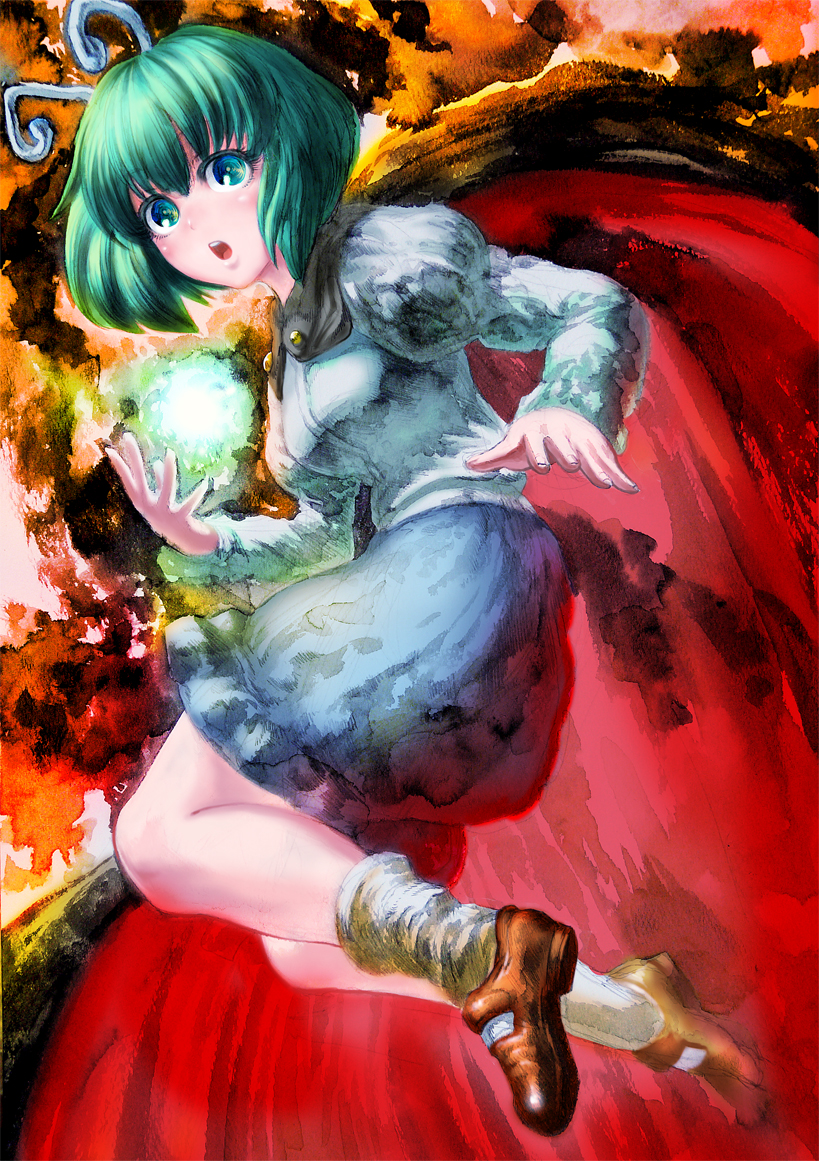 :o antennae bad_id bad_pixiv_id calligraphy_brush_(medium) cape dress_shirt energy_ball gibagiba graphite_(medium) green_eyes green_hair juliet_sleeves legs_up long_sleeves looking_at_viewer mary_janes multicolored multicolored_background open_mouth puffy_sleeves shirt shoes short_hair skirt socks solo touhou traditional_media wriggle_nightbug