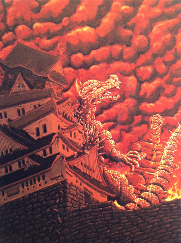 anguirus city dinosaur epic fire giant_monster godzilla godzilla_(series) kaijuu monster mutant osaka_castle sky smoke spikes toho_(film_company)