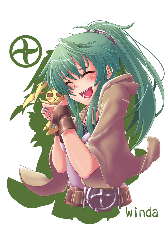 :x akatsuki_rabbit character_name closed_eyes doll duel_monster green_hair hair_ornament jewelry necklace open_mouth ponytail robe simple_background smile solo white_background winda_priestess_of_gusto yuu-gi-ou