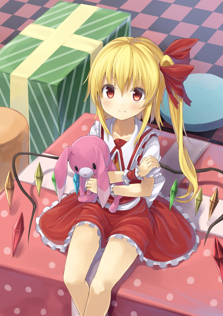 blonde_hair blush bow checkered checkered_floor fang flandre_scarlet gurasion_(gurasion) hair_bow looking_at_viewer no_hat no_headwear red_eyes side_ponytail sitting skirt skirt_set smile solo stuffed_animal stuffed_bunny stuffed_toy touhou wings wrist_cuffs