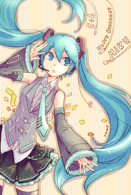 :o aqua_eyes aqua_hair artist_name bad_id bad_pixiv_id character_name detached_sleeves floating_hair happy_birthday hatsune_miku headset long_hair necktie open_mouth skirt solo striped striped_background thighhighs twintails very_long_hair vocaloid yamo_(sky2world)