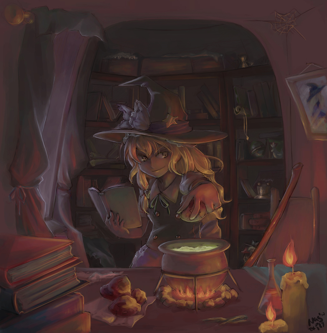 artist_name blonde_hair book bookshelf broom candle cauldron cooking curtains dark fire flame grin hat indoors kirisame_marisa long_hair mizutorii picture_(object) pot ribbon silk smile solo spider_web touhou witch witch_hat yellow_eyes