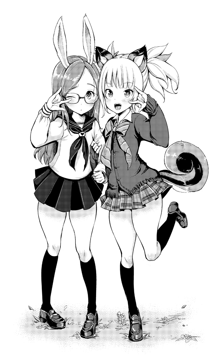 :d \m/ animal_ears blush bunny_ears cardigan elin_(tera) glasses greyscale highres kneehighs loafers long_hair long_sleeves looking_at_viewer mojarin_(kihara_mojarin) monochrome multiple_girls one_eye_closed open_mouth school_uniform serafuku shoes skirt smile squirrel_ears squirrel_tail tail tera_online twintails