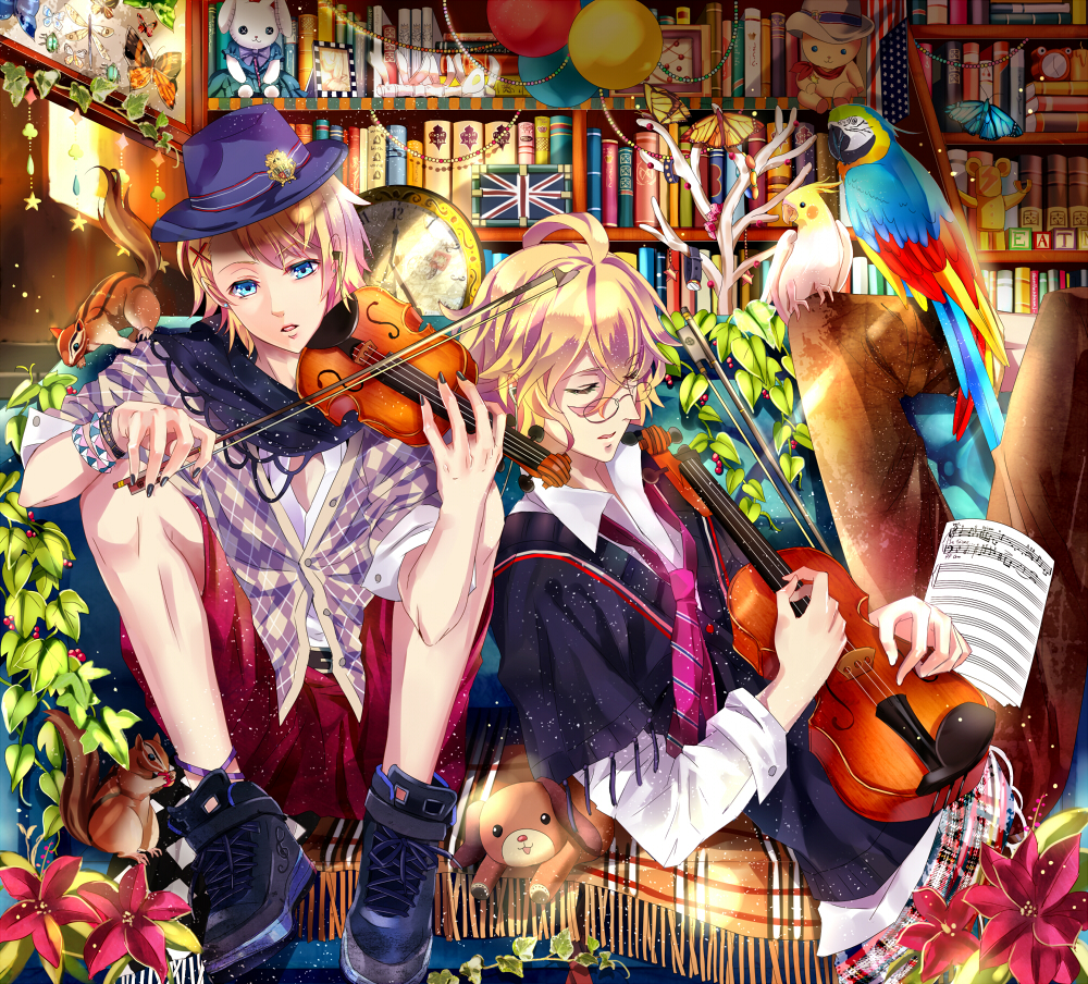 2boys bird blue_eyes book glasses instrument kurusu_shou male male_focus multiple_boys open_mouth shinomiya_satsuki shoes short_hair sitting sneakers uta_no_prince-sama violin yuna_(rutera)