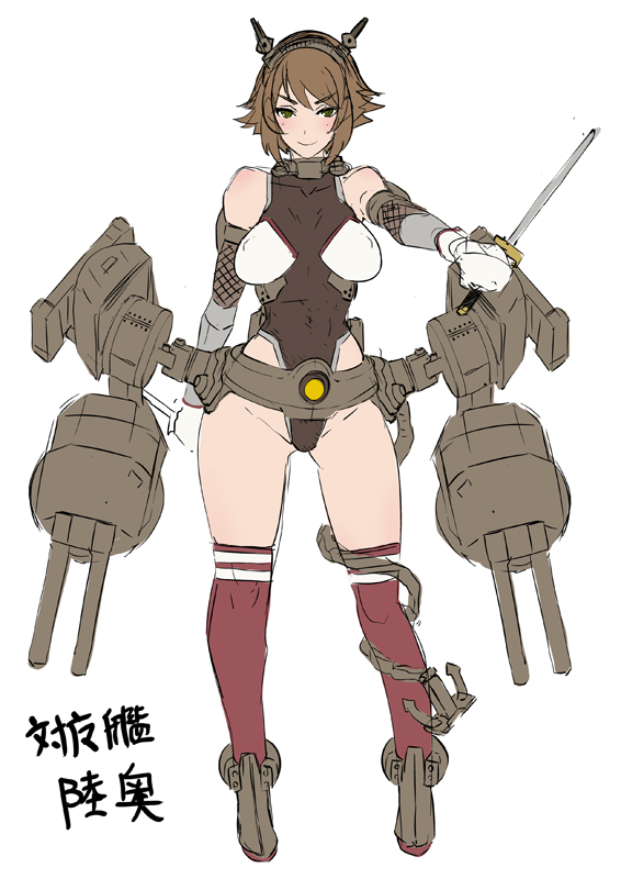 adapted_costume ankle_boots bare_shoulders blush boots breasts brown_hair butcha-u cannon cosplay dual_wielding fishnets flat_color gloves green_eyes holding kantai_collection kneehighs leotard mecha_musume medium_breasts mutsu_(kantai_collection) ninjatou parody red_legwear reverse_grip short_hair short_sword smile solo sword taimanin_(series) taimanin_asagi taimanin_suit weapon white_gloves