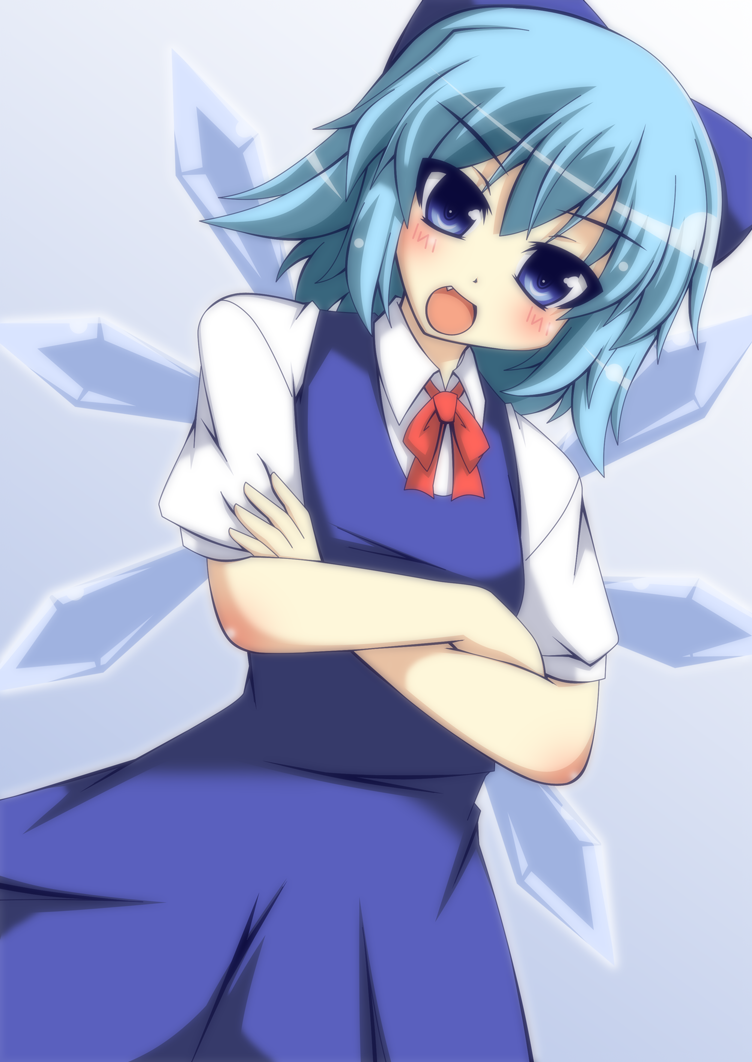 blue_eyes blue_hair blush cirno crossed_arms fang hair_ribbon ice ice_wings masiromu ribbon short_hair solo touhou wings