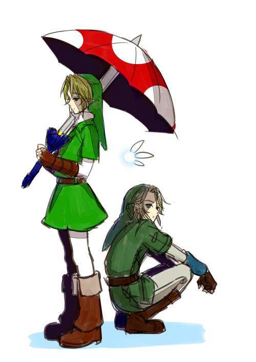 bad_id bad_pixiv_id blonde_hair blue_eyes dual_persona fairy gloves hat link male_focus multiple_boys navi pointy_ears stella_ing sword the_legend_of_zelda the_legend_of_zelda:_ocarina_of_time the_legend_of_zelda:_twilight_princess umbrella weapon