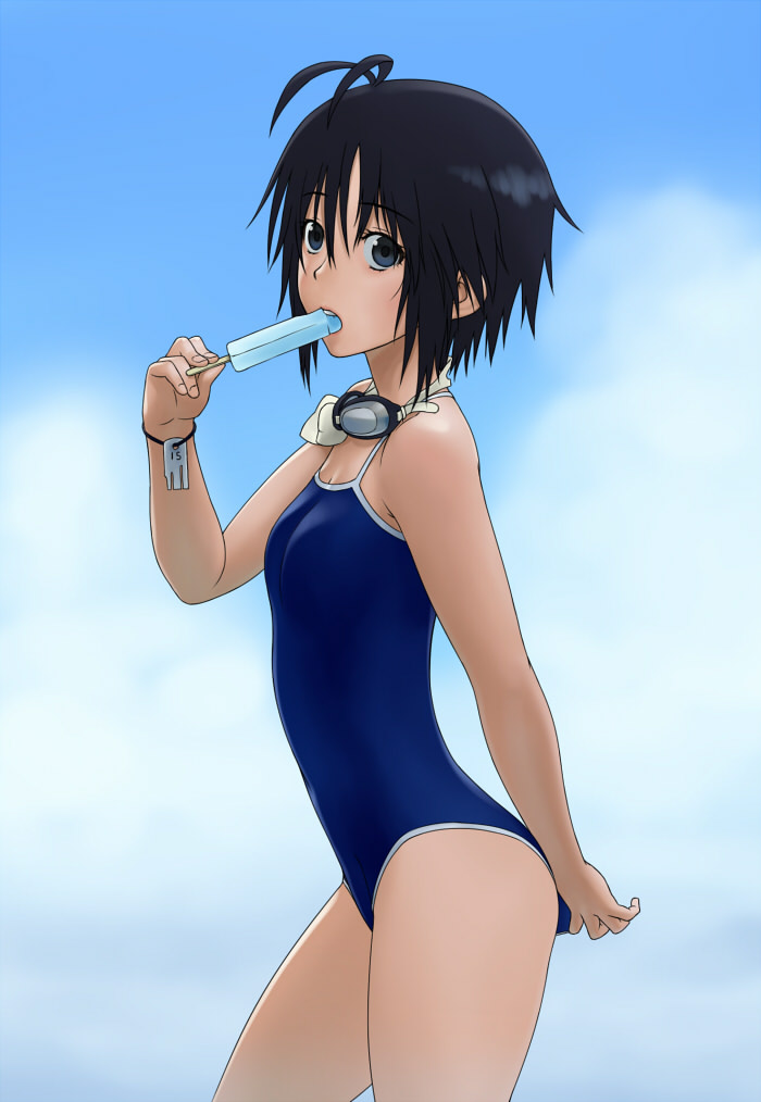 antenna_hair biting black_hair blush brown_eyes competition_school_swimsuit day food goggles goggles_around_neck idolmaster idolmaster_(classic) kikuchi_makoto looking_at_viewer mouth_hold one-piece_swimsuit open_mouth popsicle short_hair sky solo swimsuit wata_do_chinkuru