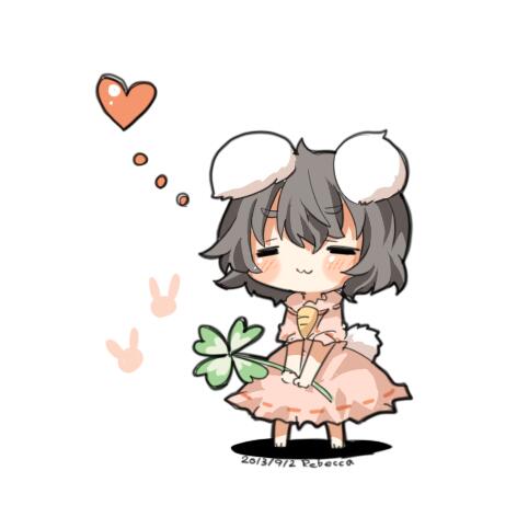 animal_ears bad_id bad_twitter_id black_hair blush bunny bunny_ears bunny_tail carrot closed_eyes clover four-leaf_clover heart inaba_tewi jewelry lowres pendant rebecca_(keinelove) short_hair smile tail touhou