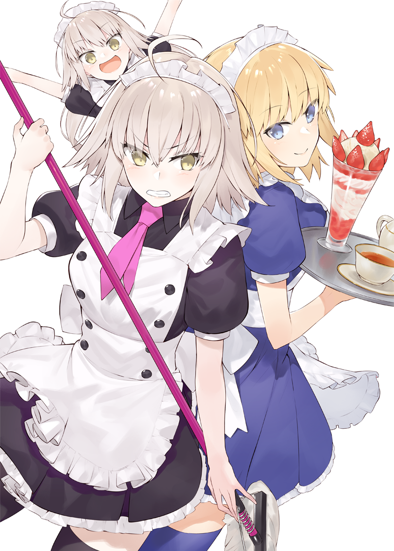 3girls :d ahoge alternate_costume apron arms_up bangs black_dress black_legwear blonde_hair blue_dress blue_eyes blue_legwear blush brown_hair clenched_teeth closed_mouth commentary_request dress enmaided eyebrows_visible_through_hair fate/grand_order fate_(series) frilled_apron frills hair_between_eyes hayashi_kewi holding holding_mop holding_tray jeanne_d'arc_(alter)_(fate) jeanne_d'arc_(fate) jeanne_d'arc_(fate)_(all) jeanne_d'arc_alter_santa_lily long_hair maid maid_apron maid_headdress mop multiple_girls necktie open_mouth pink_neckwear pleated_dress puffy_short_sleeves puffy_sleeves short_necktie short_sleeves simple_background smile teeth thighhighs tray v-shaped_eyebrows very_long_hair white_apron white_background yellow_eyes