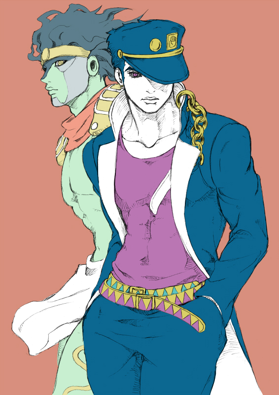 black_hair blue_hair chounorin hat jojo_no_kimyou_na_bouken kuujou_joutarou multiple_boys purple_eyes sketch stand_(jojo) star_platinum yellow_eyes