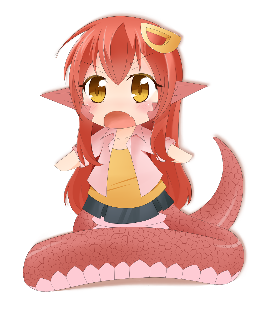 bad_id bad_pixiv_id beatsync chibi fang hair_ornament hairclip lamia long_hair miia_(monster_musume) monster_girl monster_musume_no_iru_nichijou open_mouth pointy_ears red_hair scales shirt simple_background skirt solo white_background yellow_eyes younger