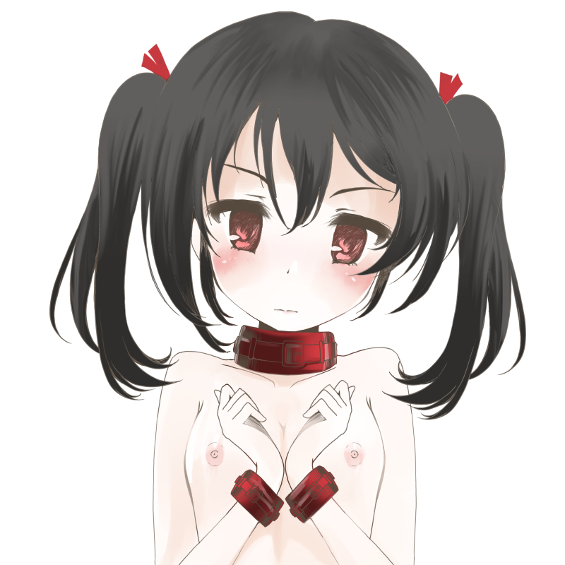 bdsm black_hair blush bondage bound bow collar flat_chest frapowa hair_bow looking_at_viewer love_live! love_live!_school_idol_project nipples nude red_eyes simple_background solo twintails upper_body white_background yazawa_nico