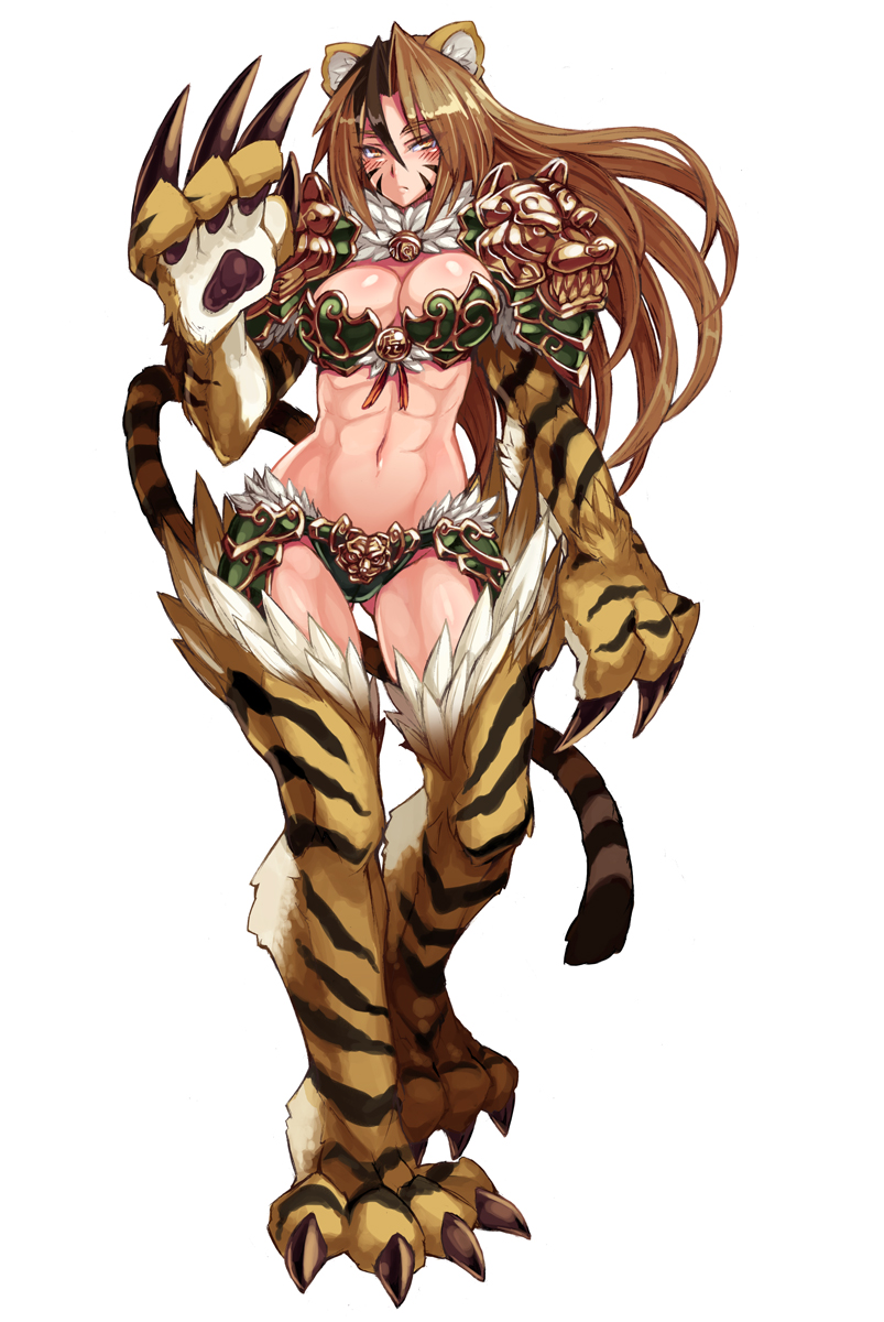 1girl abs animal_ears armor barefoot big_hands bikini_armor blush breasts brown_hair claws cleavage clothed clothing feline female hair human jinko_(mamono_girl_lover) kenkou_cross large_breasts long_hair mammal mamono_girl_lover midriff monster monster_girl monster_girl_encyclopedia multicolored_hair navel paws plain_background simple_background solo standing stomach striped stripes tail tiger two-tone_hair two_tone_hair white_background yellow_eyes